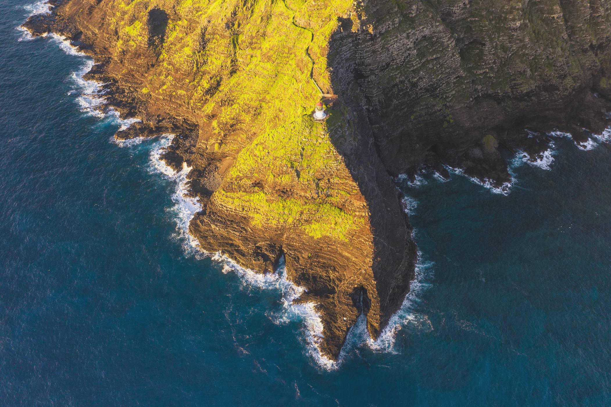 Aerial view of Makapuu Point lighthouse on the Oahu coastline