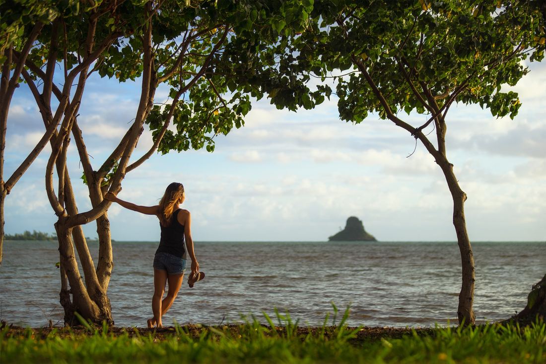 A couple beneath trees on a shoreline with Mokolii behind