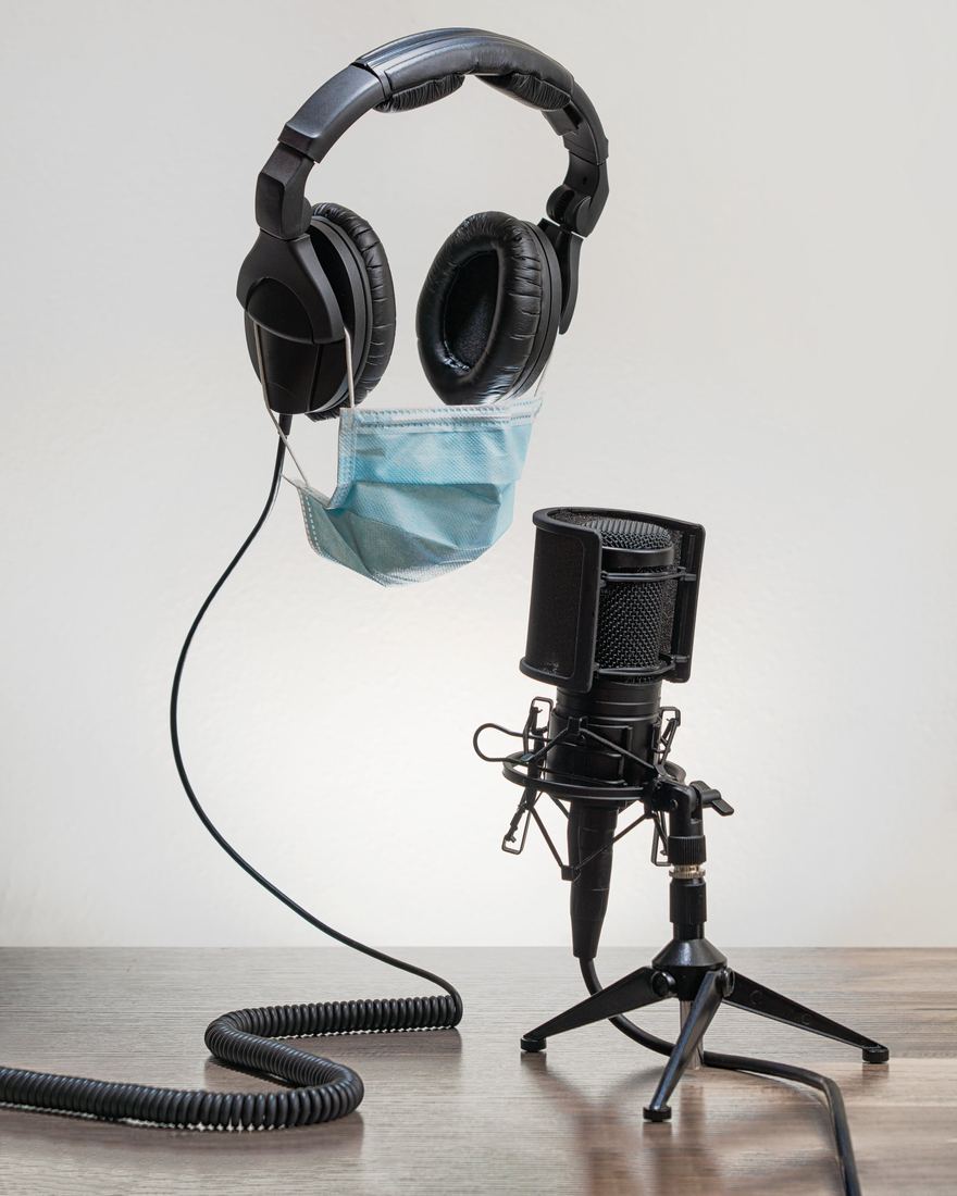 Headphones and a studio microphone, a product shot