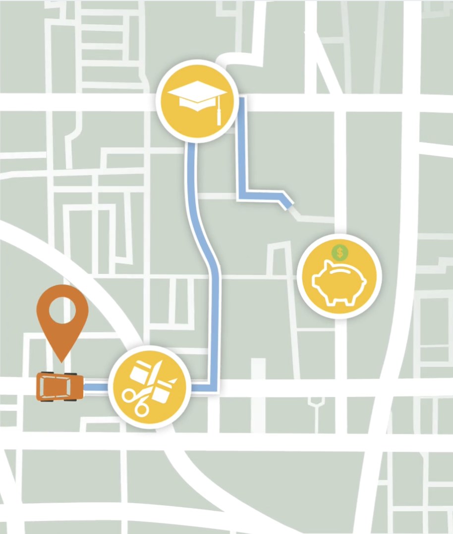 Animated map with a coin and a music note from a strategy explainer